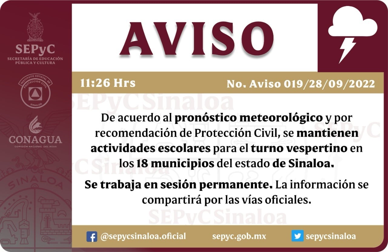 ¡Alisten las mochilas! Se mantienen las clases para el turno vespertino este miércoles en Sinaloa