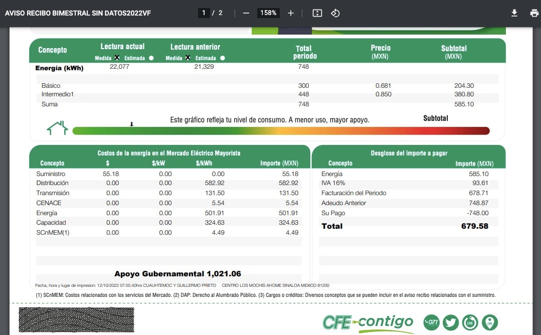 CFE, Recibo CFE, Subsidio CFE