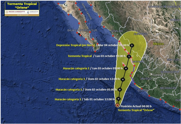 Mapa de pronóstico para Orlene hasta las 4 15 horas de este 1 de octubre