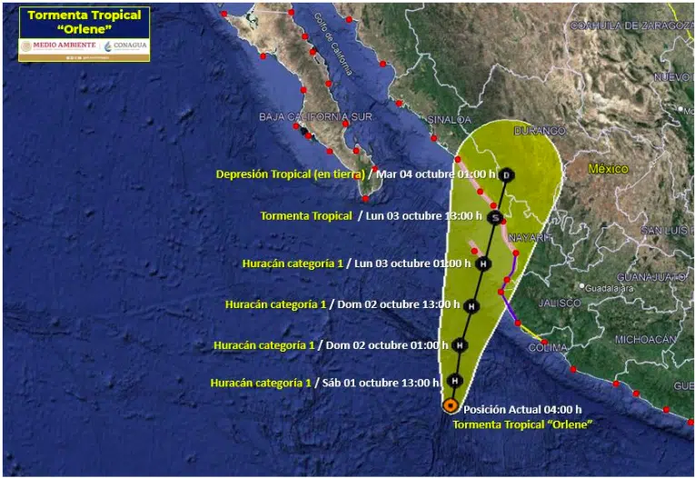 Mapa de pronóstico para Orlene hasta las 4 15 horas de este 1 de octubre