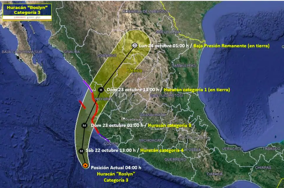 Trayectoria posible del huracán Roslyn en el Pacífico mexicano