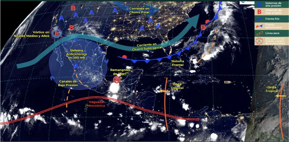 Vientos lluvias vórtice, depresión canales de baja presión clima México