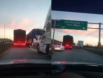 Denuncian habitantes de Topolobampo, que doble fila de tráileres bloquean carretera Los Mochis-Topo