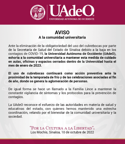 UAdeO exhorta a usar cubrebocas en espacios cerrados