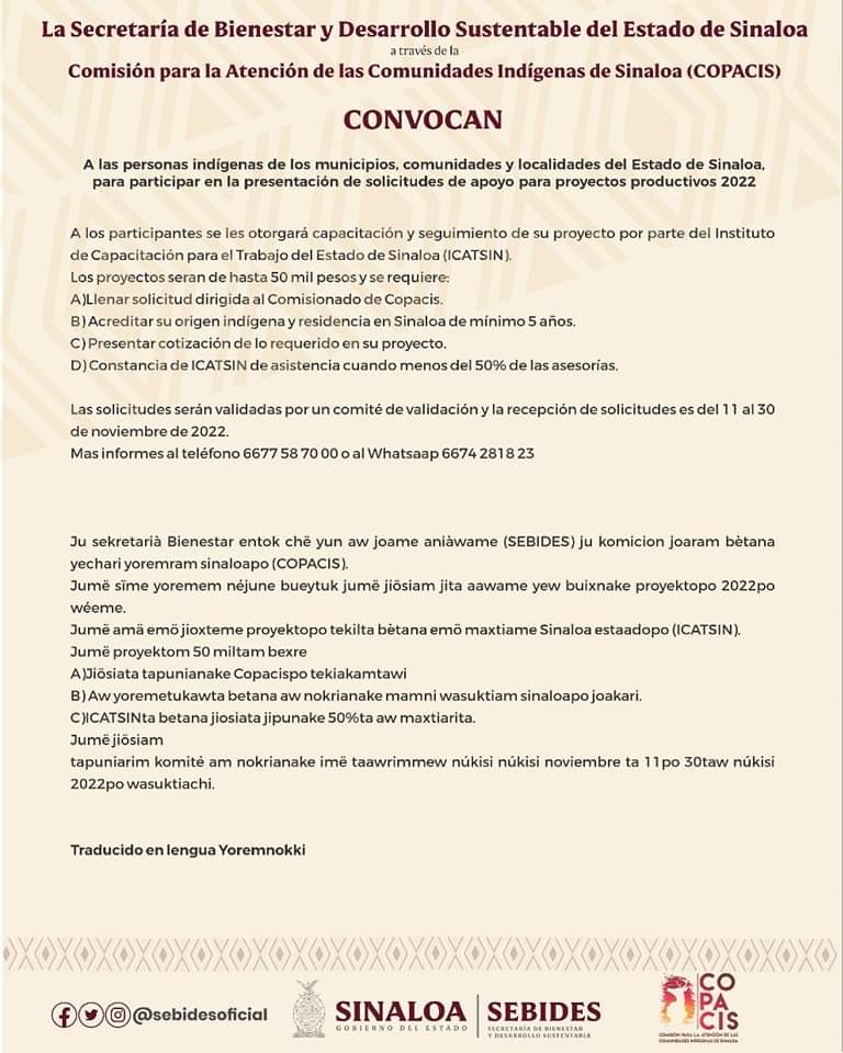Convoca Sebides a personas indígenas a presentar proyectos productivos