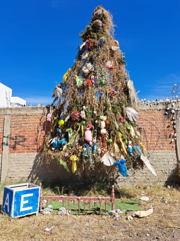 “El Tico” le da vida y alegría a calle del fraccionamiento Palos Prietos, con un gran árbol navideño realizado con basura