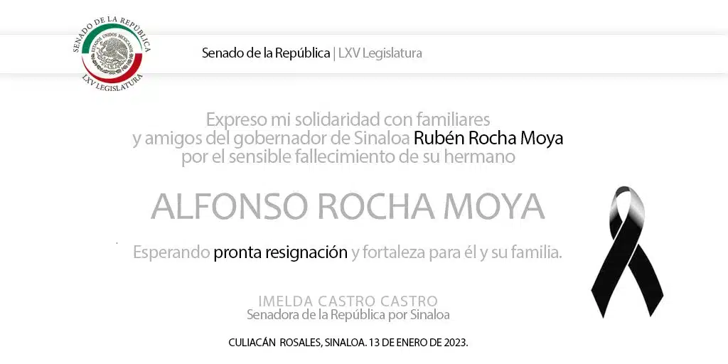 Envían mensajes de condolencias a Gobernador por fallecimiento de su hermano Alfonso Rocha