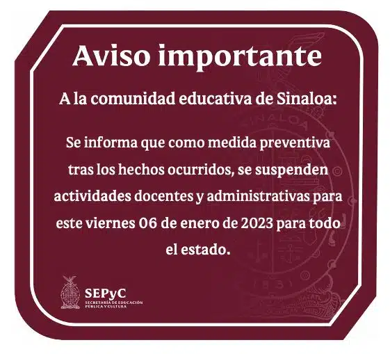 Suspende SEPyC actividades a docentes y administrativos este viernes en Sinaloa