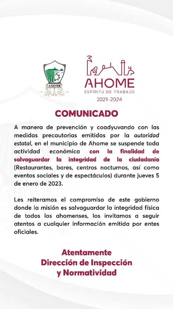 ¡También en Ahome! Se suspende toda actividad nocturna en la ciudad de Los Mochis 