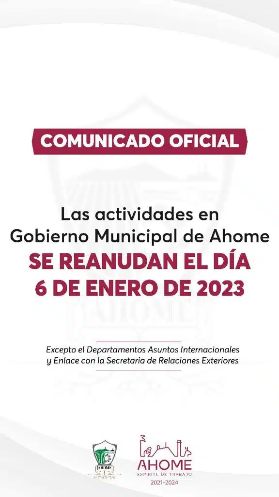 Anuncia Ayuntamiento de Ahome que retoma actividades de manera normal 