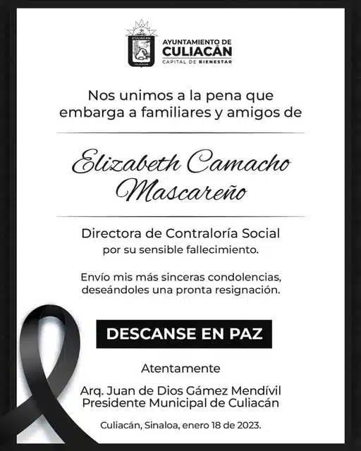 Lamenta alcalde de Culiacán fallecimiento de directora de Contraloría Social del Ayuntamiento