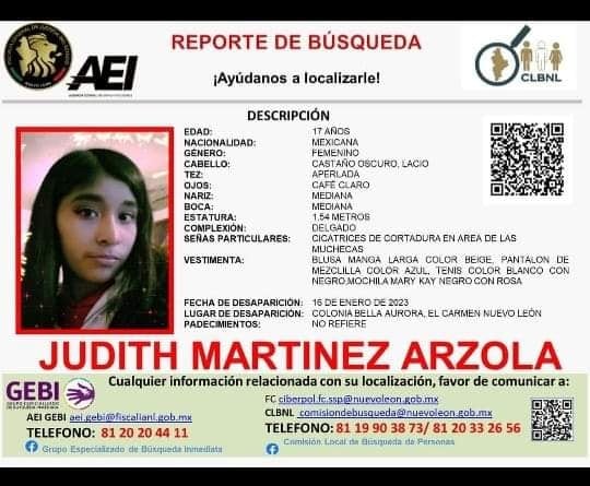 ¡Tiene 17 años! Buscan a Judith Martínez Arzola; desapareció en Nuevo León