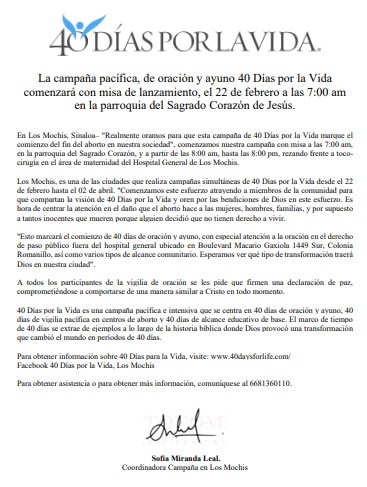 40 días pedirán por el fin del aborto en el mundo 