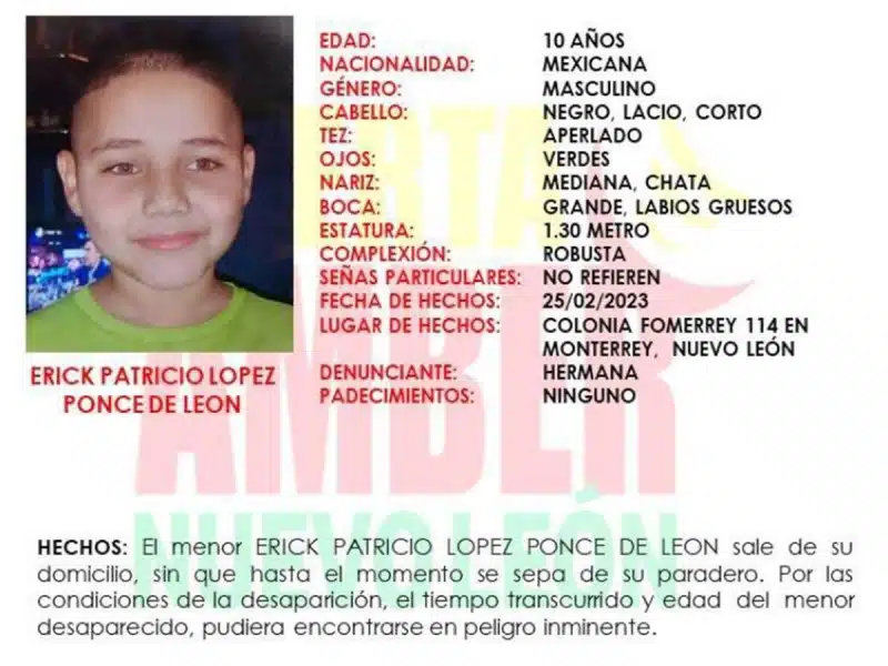 Alerta Amber Piden ayuda para localizar a Erick; ¡tiene 10 años de edad!