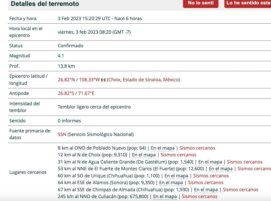 Sismos reportados en Sinaloa