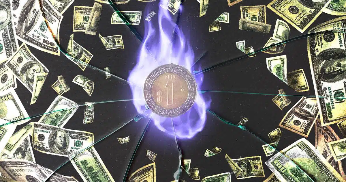 Moneda rodeada de fuego y dólares alrededor