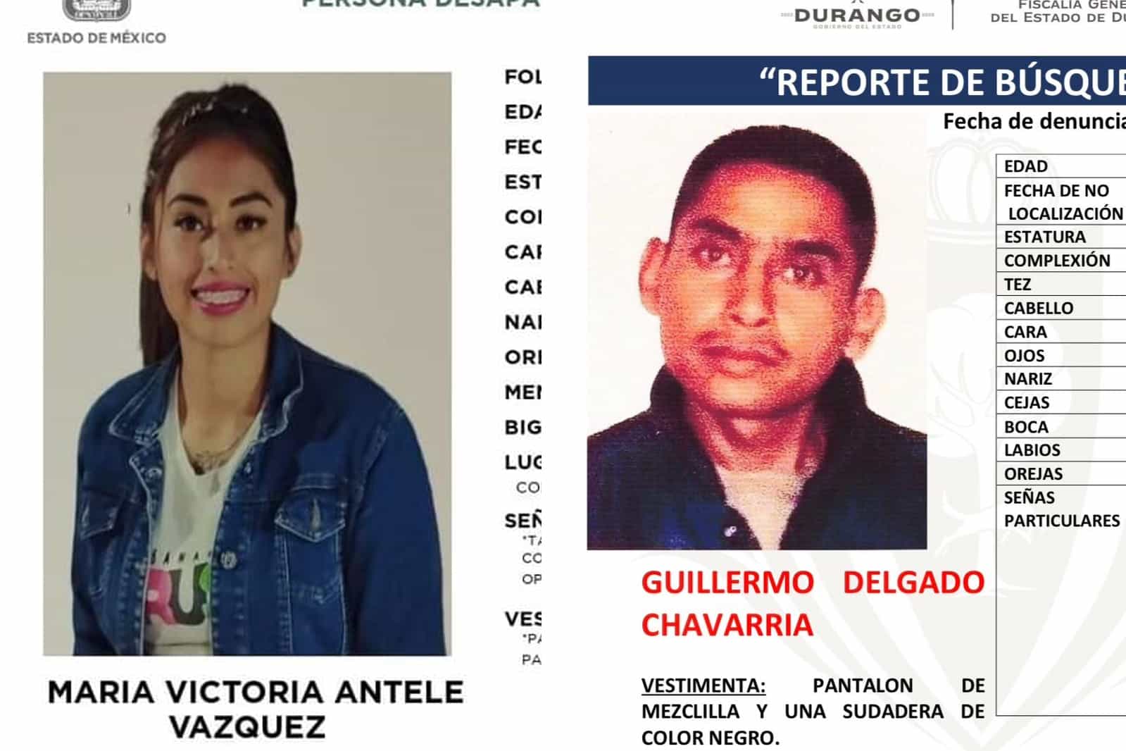 Mujer desaparece en Edomex, y hombre en Durango; piden ayuda para encontrarlos