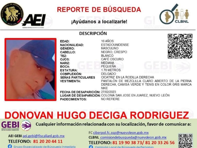 Reportan a menor estadounidense desaparecido en Nuevo León