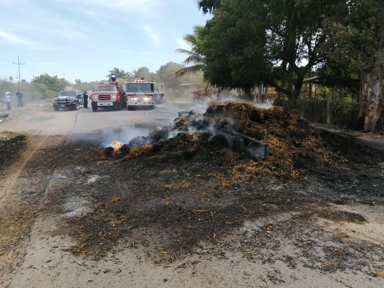 ¡Incendio voraz! Se queman decenas de pacas de frijol; ardieron junto con un remolque en Guasave