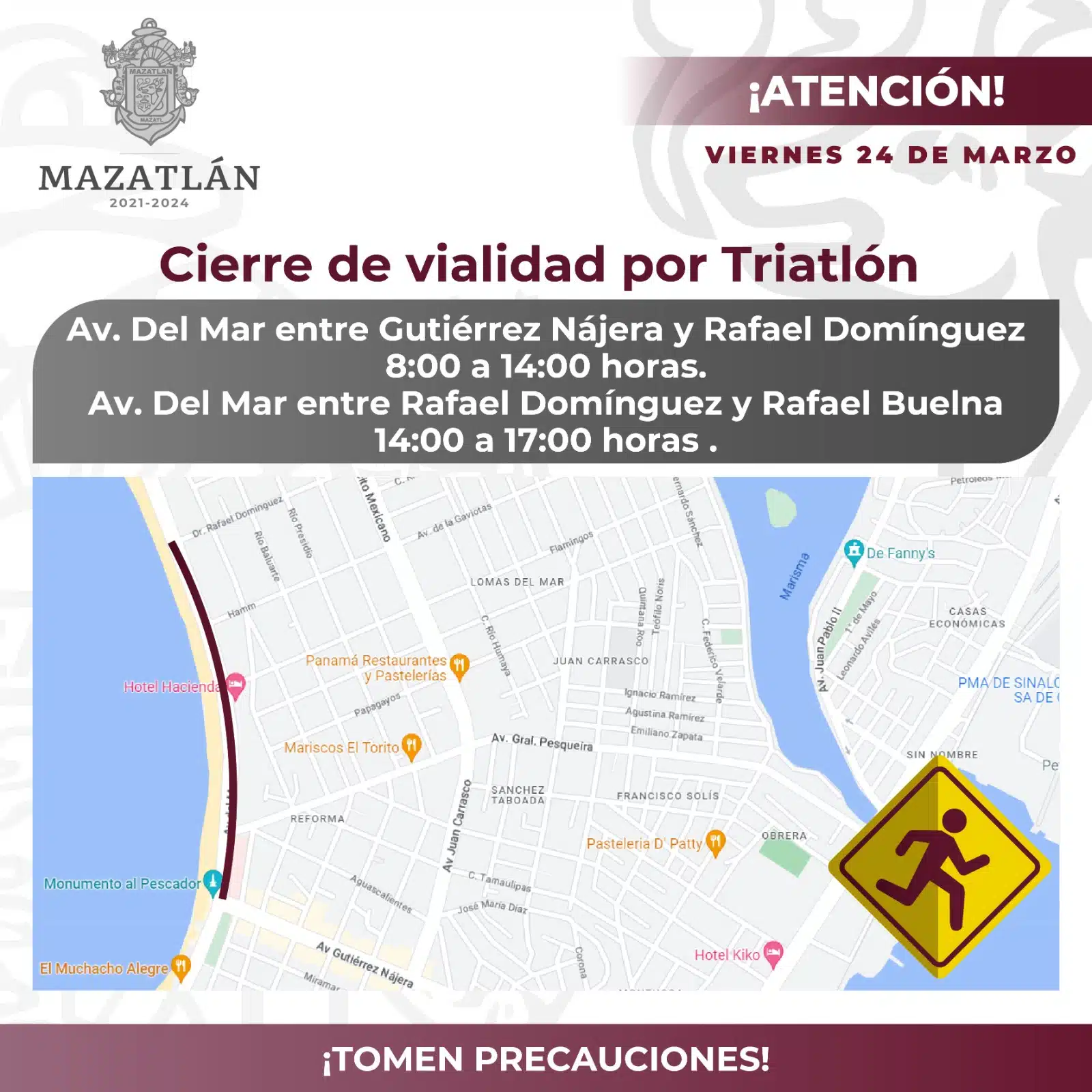 ¡Prevenidos! Cerrarán paseo costero viernes y sábado por Triatlón Internacional en Mazatlán