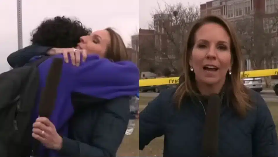 ¡Emotivo! Periodista interrumpe transmisión para abrazar a su hijo tras un tiroteo
