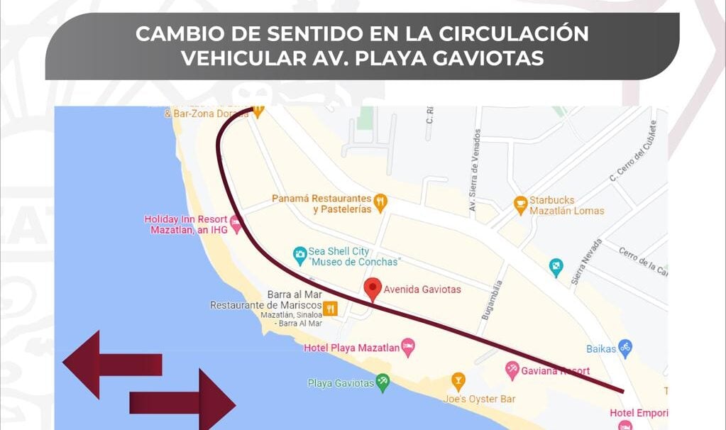 Avenida Gaviotas en Mazatlán cambiará de sentido a la circulación desde este miércoles