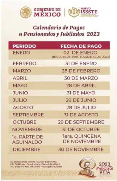 Calendario de pagos ISSSTE 2023