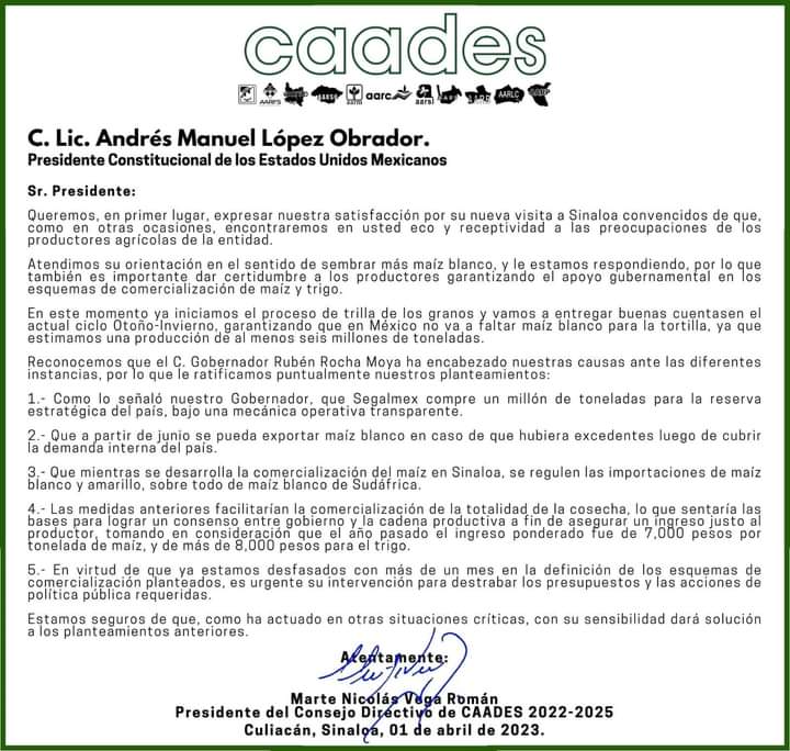 Carta a AMLO de Caades