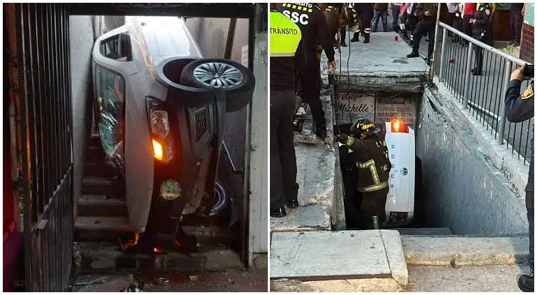 ¡Insólito! Conductor cae al interior de un tunel peatonal durante sus clases de manejo