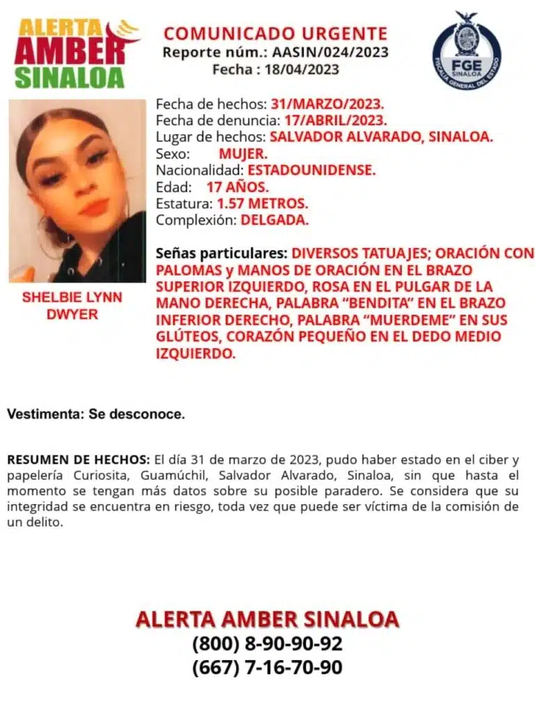Las autoridades de Sinaloa activaron la Alerta Amber para dar con el paradero de Shelbie Lynn Dwyer, estadounidense de 17 años desaparecida en Guamúchil 