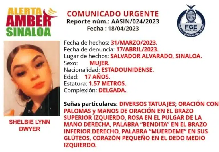 Las autoridades de Sinaloa activaron la Alerta Amber para dar con el paradero de Shelbie Lynn Dwyer, estadounidense de 17 años desaparecida en Guamúchil