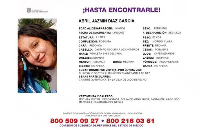 Piden ayuda para localizar a la menor Abril Jazmín; desapareció en Tlalnepantla