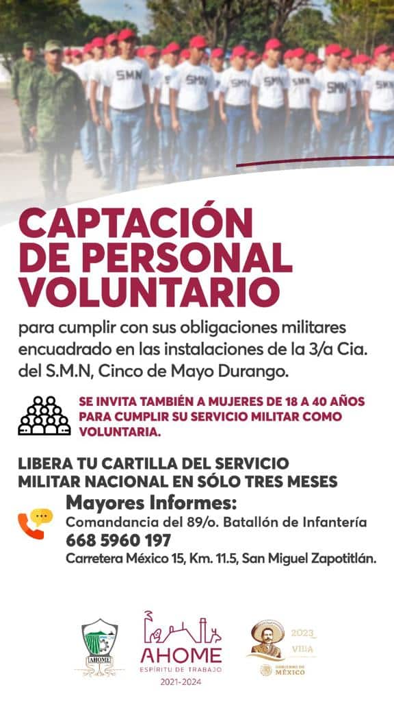 Los Mochis, Sin.- En tres meses podrás liberar tu cartilla del Servicio Militar Nacional, es la opción que ofrece la Secretaría de la Defensa Nacional para todas las personas que por algún motivo no han podido cumplir con su obligación, pero para ello deberán encuadrarse en el Campo Cinco de Mayo, en Durango. Jesús Ernesto Moncada López, coordinador de la Junta de Reclutamiento en Ahome, explicó que esta opción de menor tiempo consiste en encuadrarse en la Tercera Compañía del Servicio Militar Nacional en situación de interno de lunes a sábado, en el estado de Durango. “Para invitar a los jóvenes del municipio de Ahome que tengan su cartilla militar o precartilla del año 2022 y años anteriores y que necesiten tener su cartilla liberada en corto tiempo, el 89 Batallón, el cuartel los está invitando para que cumplan con su servicio militar en Durango por el término de tres meses; al término del cual podrán tener su cartilla liberada”, dijo. Los requisitos son: ser mexicano por nacimiento y no haber adquirido otra nacionalidad. Tener 18 años cumplidos y no ser mayor de 30 años. Contar con cartilla de identidad del SMN expedida en el año 2022 o años anteriores. Comprobar buena conducta mediante la constancia expedida por la autoridad administrativa del lugar de residencia. De igual forma, se deben presentar en original los siguientes documentos: Credencia INE, Clave Única de Registro de Población (CURP), Acta de nacimiento certificada, Constancia de estudios, y comprobante de domicilio. También se deben aprobar los exámenes médicos, psicológico y físico. Cabe destacar que algunos de los beneficios durante el adiestramiento del SMN, son: obtención de la hoja de liberación en tres meses; servicios médicos para el soldado; alimentación; vestuario; alojamiento; ayuda económica mensual; identificación del SNM; capacitación en talleres de artes y oficios; así como la posibilidad de obtener la distinción de Soldado de Primera o ascenso a Cabo, para actos de validez durante su adiestramiento. Los interesados pueden acudir por informes a las instalaciones del 89 Batallón de Infantería en las inmediaciones de San Miguel Zapotitlán, o bien, llamar por teléfono al número: 6688-18-11-72.