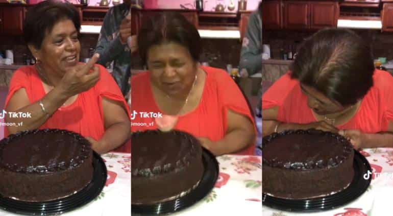 Qué gracioso! Abuelita intenta darle la famosa mordida a su pastel de  cumpleaños y la placa le queda pegada | Línea Directa