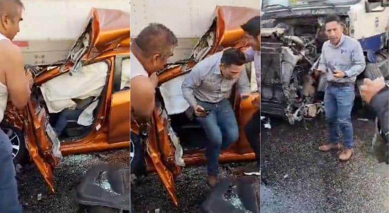 VIDEO: ¡Increíble! Lo aplasta un tráiler con todo y su Versa y resulta ileso; checa las imágenes