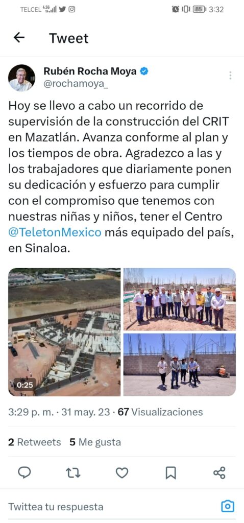 Publicación del Gobernador Rubén Rocha Moya en Twitter sobre construcción del CRIT Teletón.