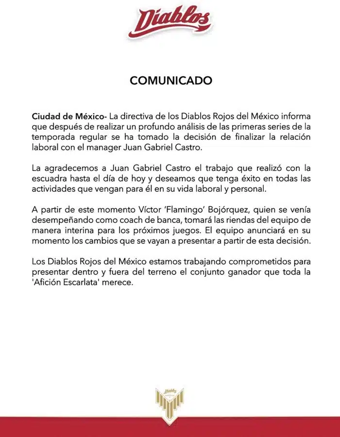 ¡En el verano! Diablos Rojos cesan al mochitense Juan Gabriel Castro