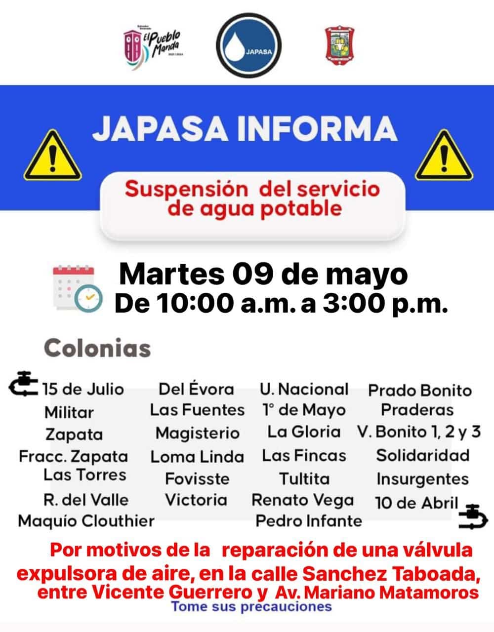 ¡Atención! Se quedarán sin agua 28 colonias en Guamúchil este martes, informa Japasa