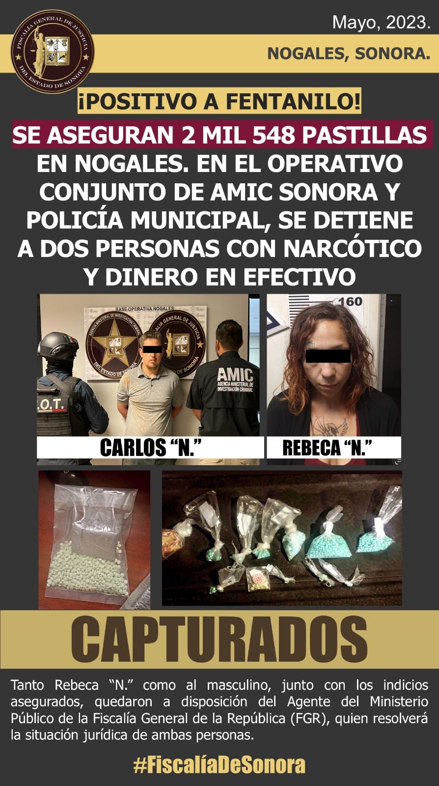 ¡Golpe al narco! Sacan circulación más de 2 mil 500 pastillas de fentanilo en Sonora