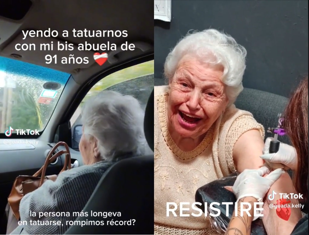¡Para el primer tatuaje tampoco hay edad! Abuelita de 91 años se marca la piel junto a sus bisnietos