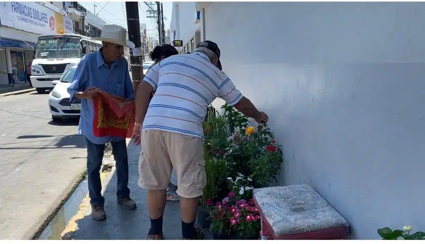 Don José Luis Colio atendiendo clientes que observan sus plantas