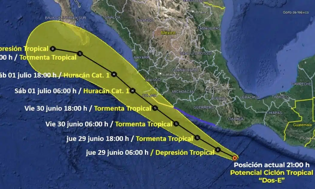 Mapa de México en el que se muestra la posible trayectoria del potencial ciclón tropical Dos-E