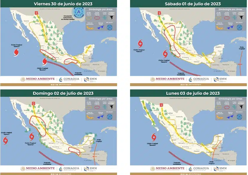 Mapa de México donde se muestra el pronóstico del clima extendido a 96 horas del Servicio Meteorológico Nacional.