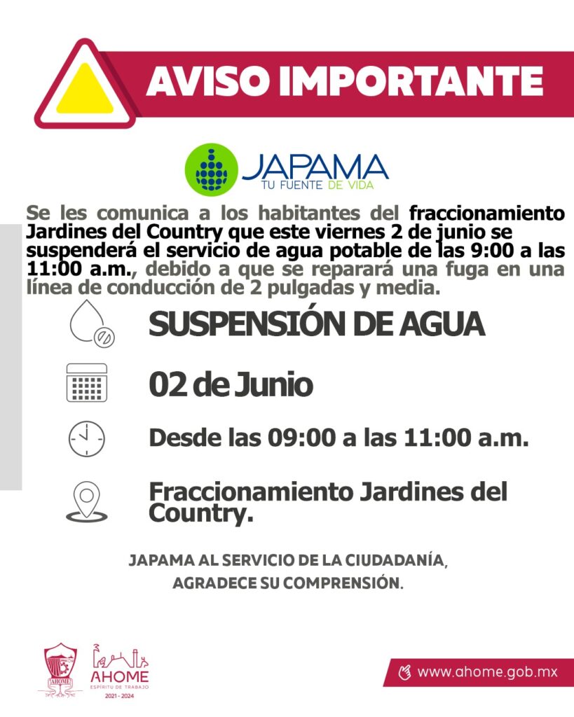 Aviso JAPAMA Sin agua