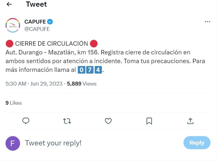 Aviso sobre cerrar carretera tras accidente