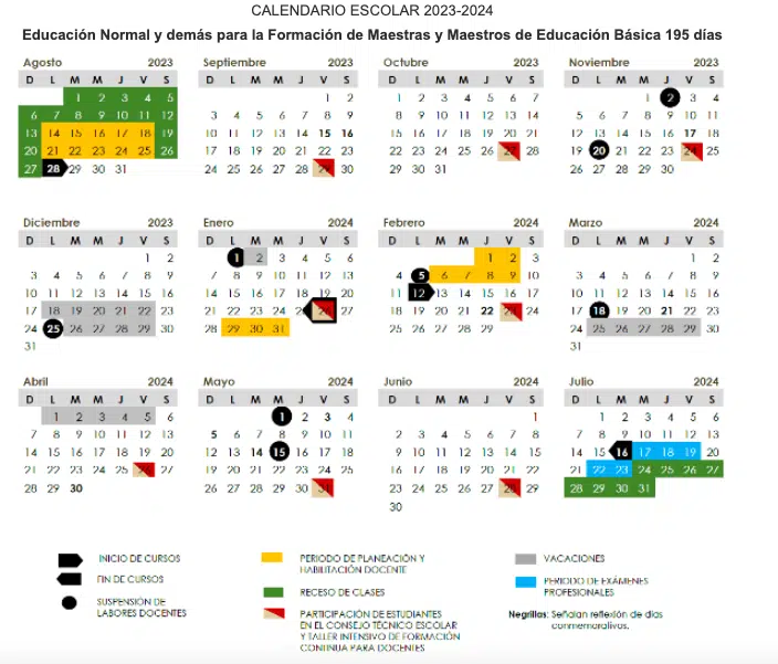 Calendario para educación normal y demás para la formación de maestras y maestros de educación básica.