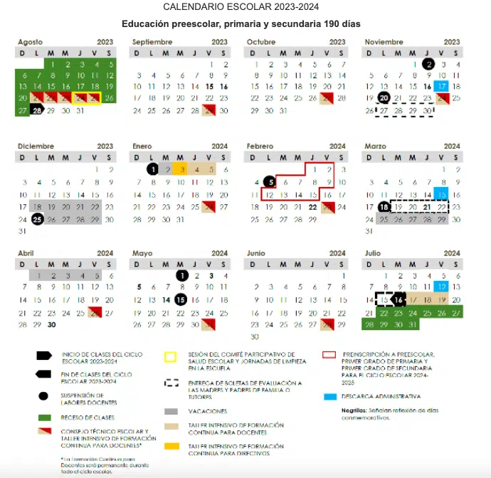 Calendario escolar para educación preescolar, primaria y secundaria SEP