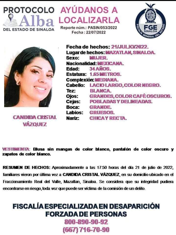 Ficha de desaparición Alerta Alba de Cándida Cristal Vázquez, “La Chulis”
