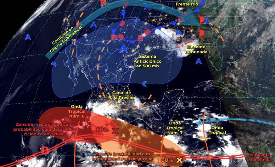 Una ronda tropical, una baja presión con probabilidad ciclónica, una circulación anticiclónica
