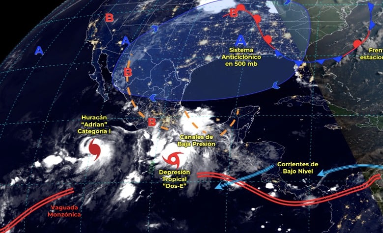 Mapa de México Huracán Adrián categoría 1, Depresión Tropical Dos-E, Corrientes de bajo nivel, Vaguada monzonica